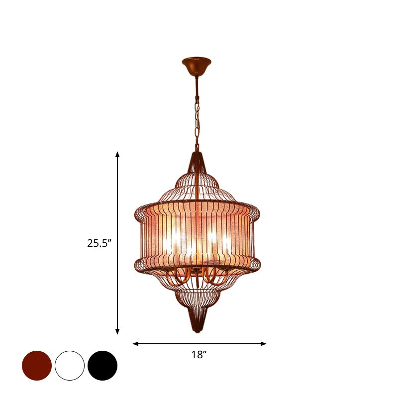 5-Bulb Larger Cage Lantern Pendant Farmhouse Black/Red/White Metal Suspension Lighting Fixture over Dining Table