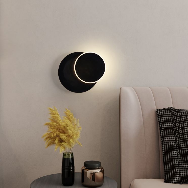Lámpara de pared LED circular acrílica en estilo creativo moderno de hierro forjado aplastador de pared rotatable para dormitorio