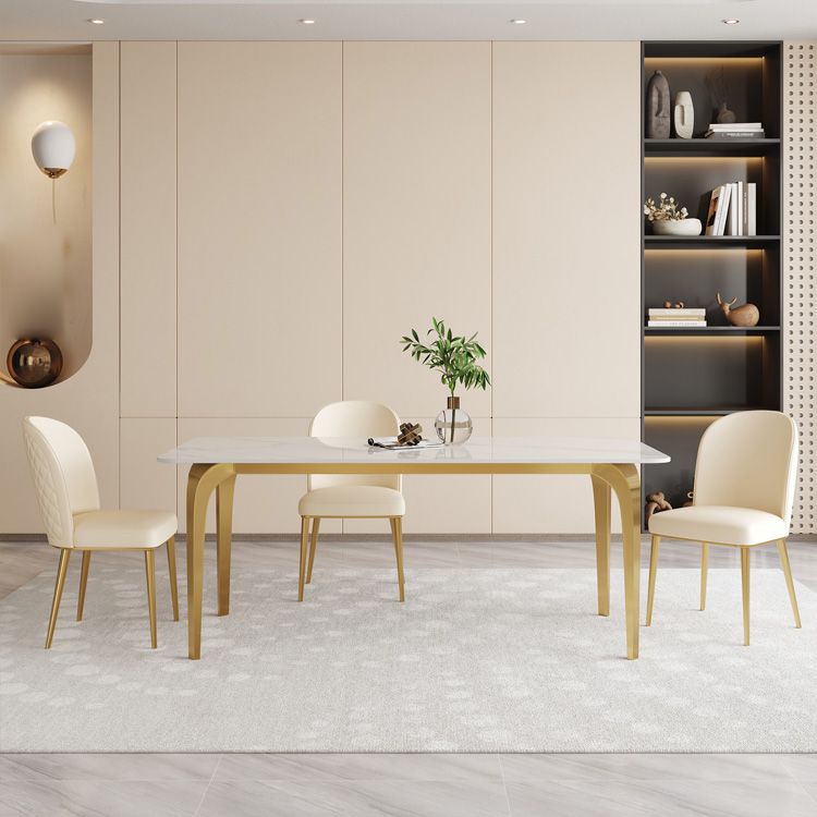 Glam Style Dinner Table Rectangle Stone Dining Room Table in White
