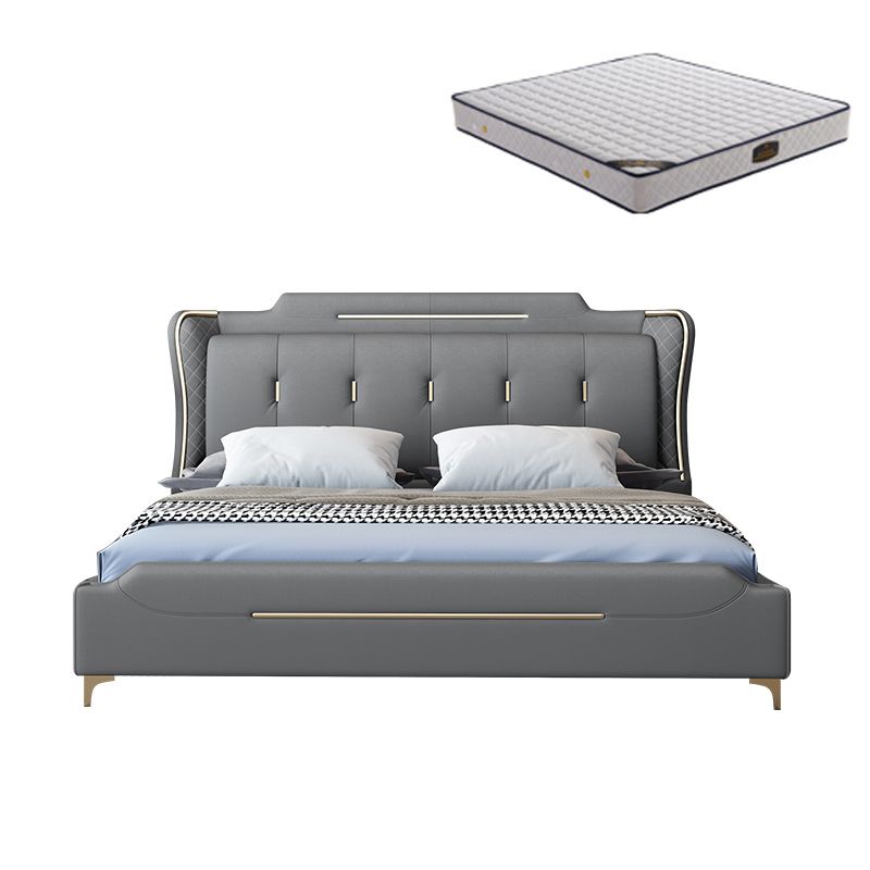 Faux Leather Glam Panel Bed with Wooden Upholstered Headboard