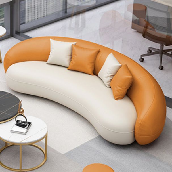 Contemporary Orange and White Curved Sofa in Leather with Sloped Arms