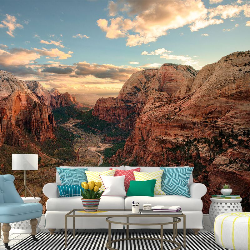 Big Zion National Park Mural Moisture Resistant Modernist Bedroom Wall Decor in Blue-Brown