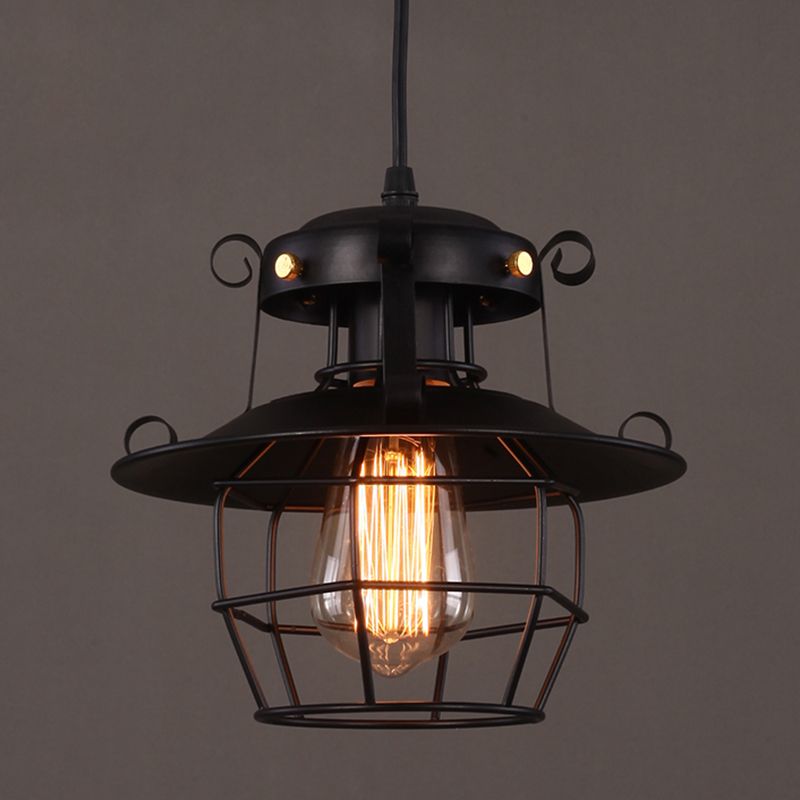 Luce a sospensione in gabbia in ferro battuto nero stile industriale a 1 lutto lampada a soffitto appesa con cavo regolabile da 39 "