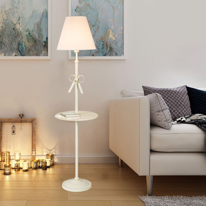 Tessuto conico lampada da pavimento in piedi per bambini single beige/rosa illuminazione a pavimento con tavolo e knot a prua