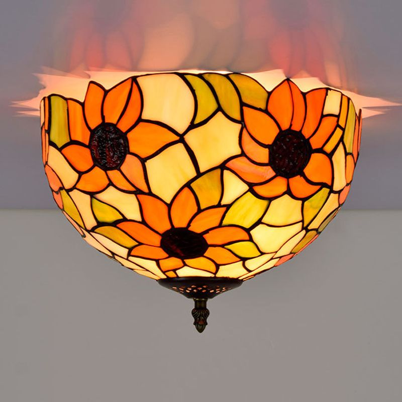 Stained Glass Sunflower Ceiling Fixture Tiffany 2/3 Lights Yellow and Green Flushmount Ceiling Lamp, 12"/16" W