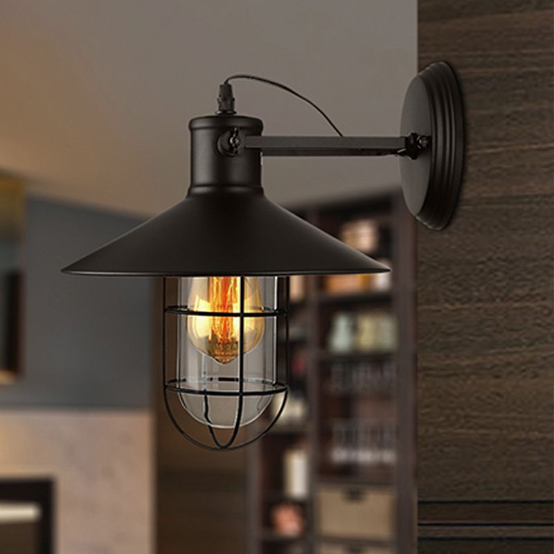 1 Light Clear Glass Wall Sconce Light Traditional Black/Rust Caged Coffee Shop Lighting Fixture