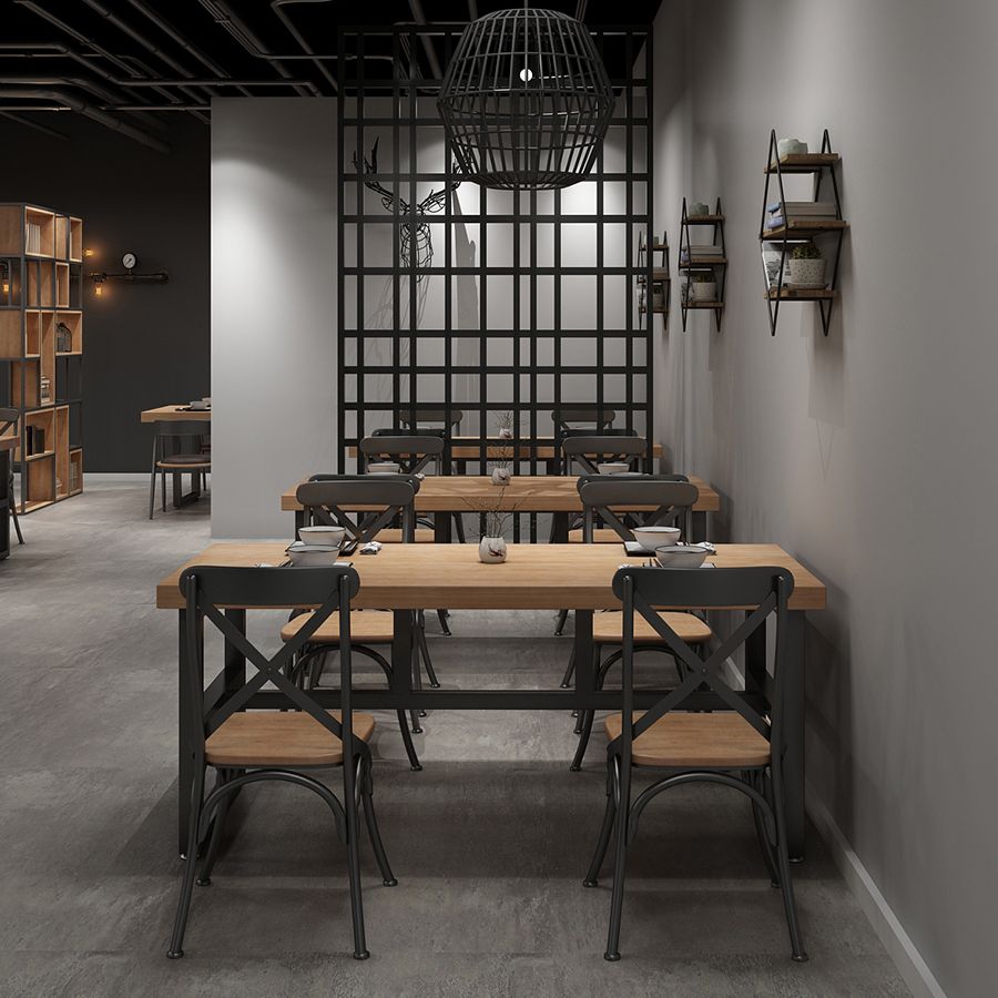 Mesa de comedor rectangular industrial mesa de madera maciza con base de caballete negro para uso doméstico