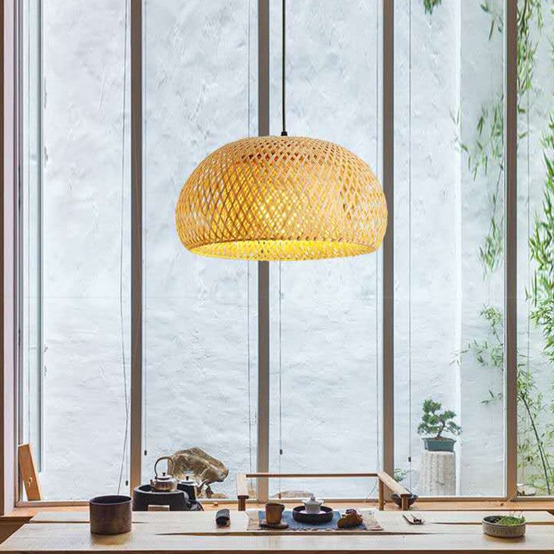 Dome Shade Pendant Light Fixture Asian Bamboo 1 Bulb Dining Room Drop Light