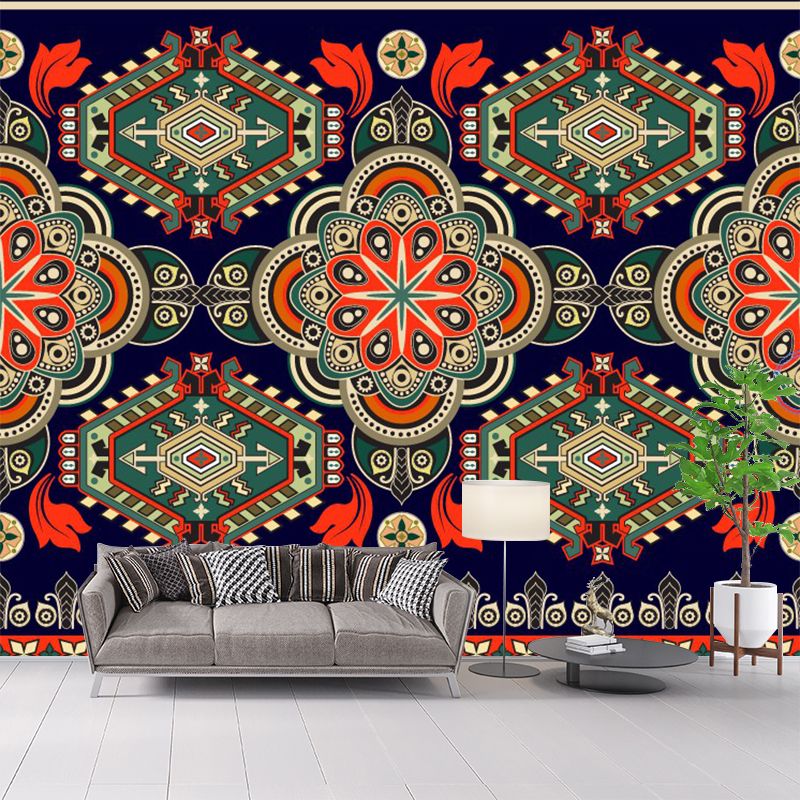 Bohemia Seamless Flower Wall Mural Red-Green Symmetry Wall Art for Living Room Decor
