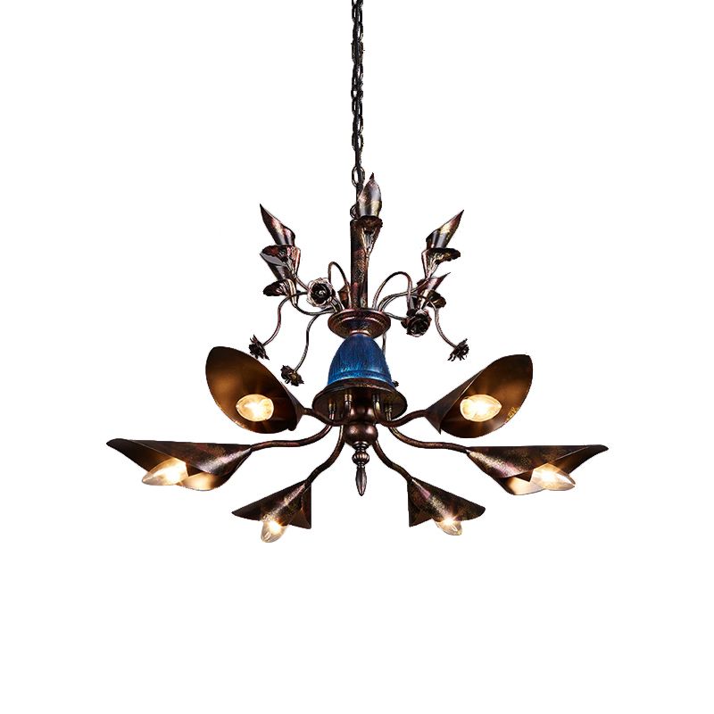 Villa Horn Shade Chandelier Metallic 6 Bulbs Classic Style Pendant Light in Rust