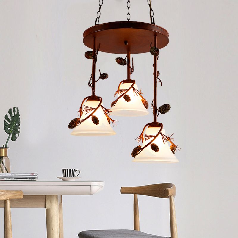 Bell Metal Chandelier Light Country 3 Lights Dining Room Pendant Lighting in Red Brown