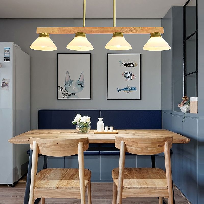 Cone Wood and Glass Island Ceiling Light Transitional Dining Room Island Light Fixtures