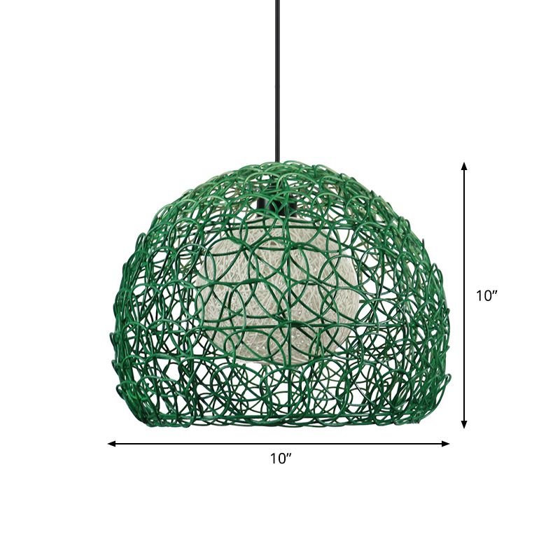 Globe Cage Hanging Light Kit Modern Rattan 1 Head Green Finish Pendant Lamp Fixture for Restaurant