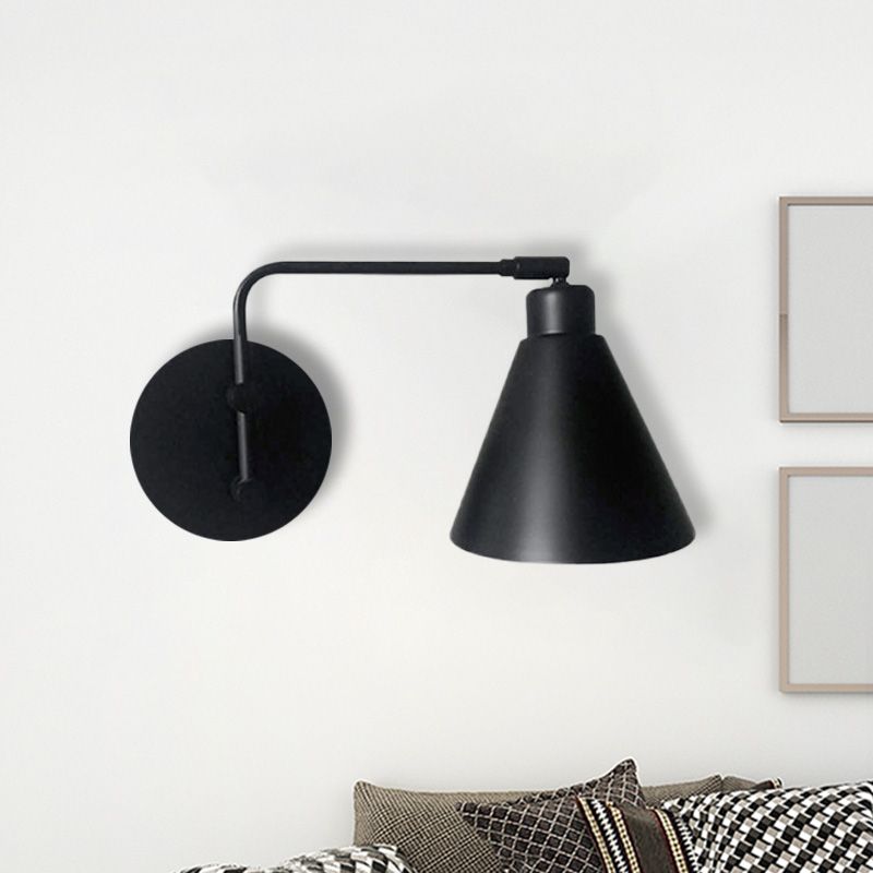 1-Head Cone Sconce Light Fixture Farmhouse White/Black Finish Iron Rotatable Wall Mount for Living Room