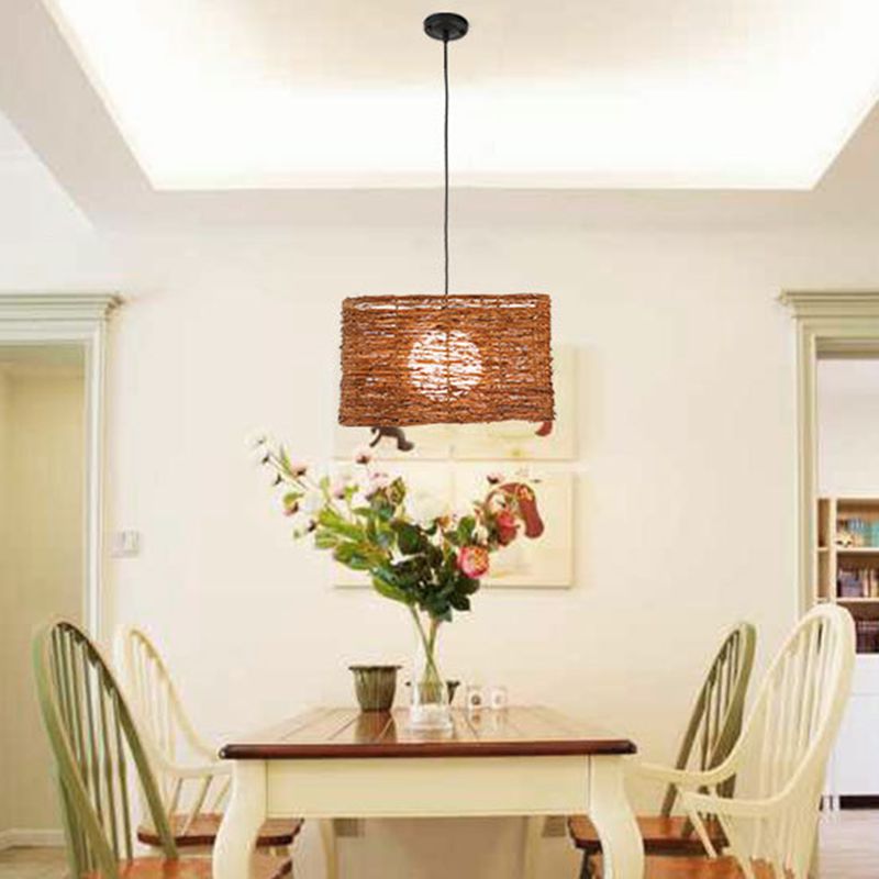 Asia Rectangle Rattan Pendant Lighting Fixture 1 Light Hanging Light Kit in Brown for Dining Room