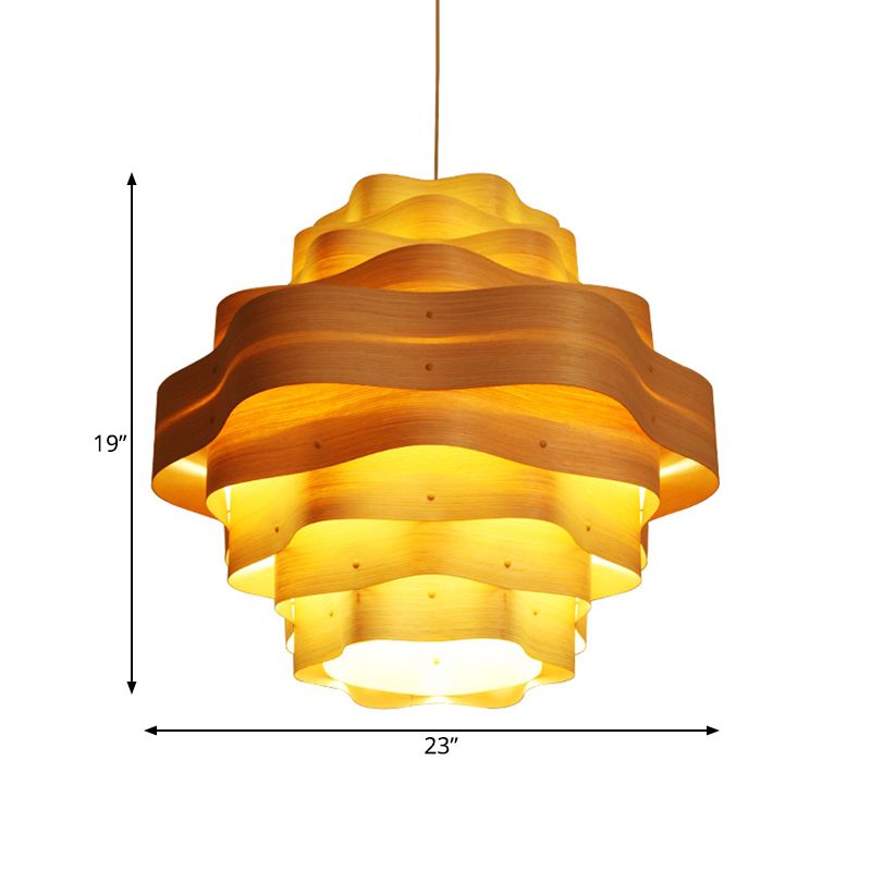 Wavy Layered Wood Pendant Lighting Asia Novelty 1 Bulb Beige Suspended Lighting Fixture
