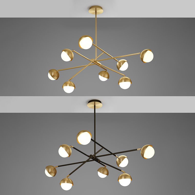 Postmodern Sputnik Chandelier Metal Living Room Pendant Light with White Glass Shade