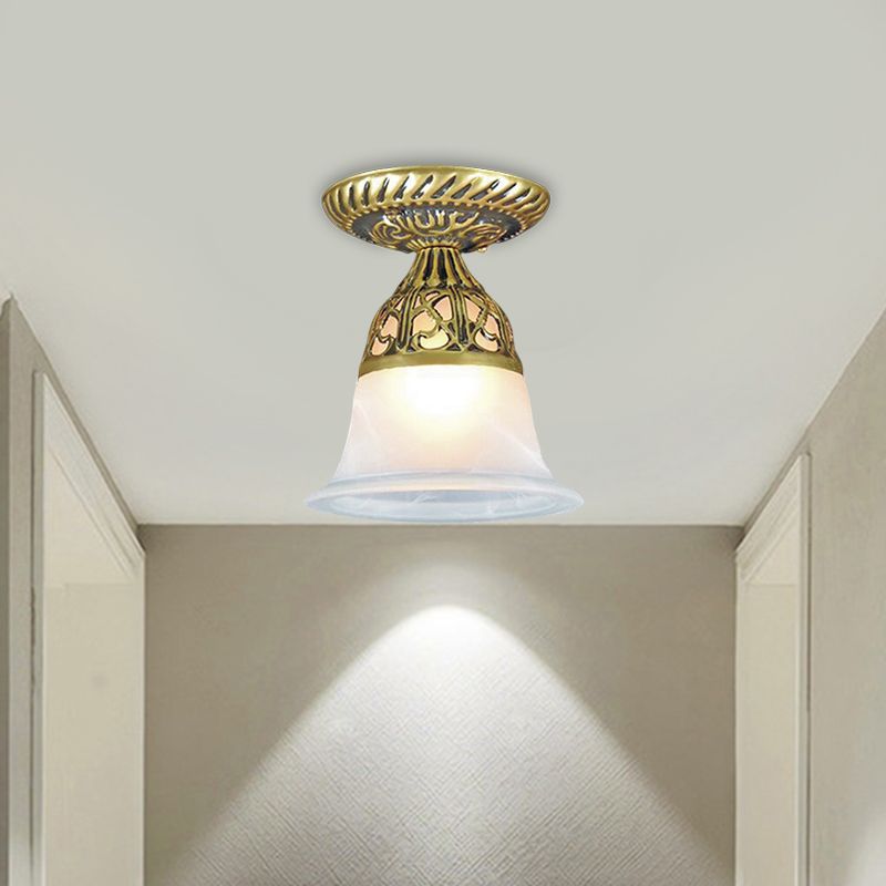 Bell Shape Hallway Flush Mount Lamp Farmhouse Frosted Glass 1-Head Brass Ceiling Light Fixture