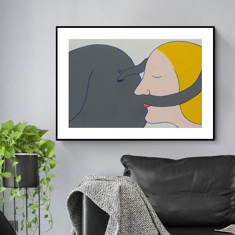 Illustration Kiss Canvas Wall Art Modern Textured House Interior Wall Decor in Dark Color