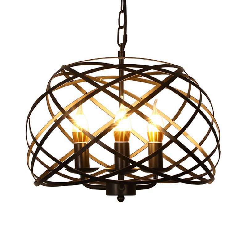 Black 3 Lights Chandelier Light Fixture Country Metal Caged Pendant Lamp for Dining Room