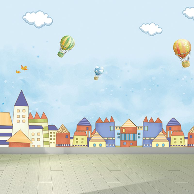 Non-Woven Big Blue Mural Cartoon Hot Air Balloons Wall Decor, Custom Size Available