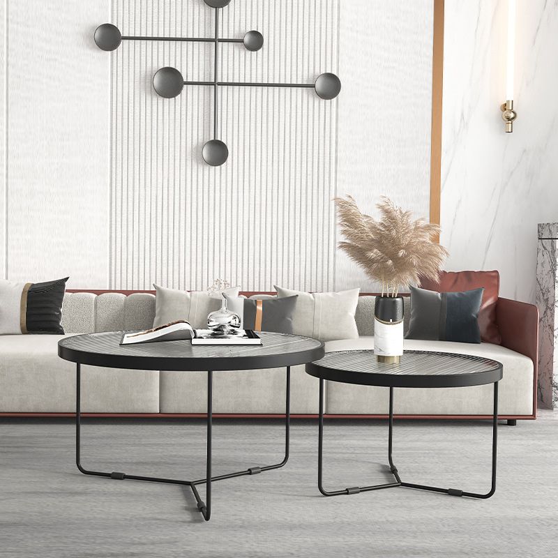Round Clear Glass Cocktail Table Set Contemporary Cross Legs Coffee Table in Black
