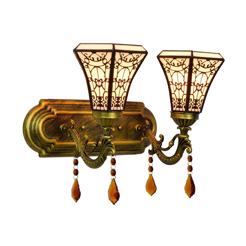 Brass 2 Bulbs Wall Mounted Lamp Mission Stained Glass 4-Sided Pyramid/Flared Wall Sconce Lighting