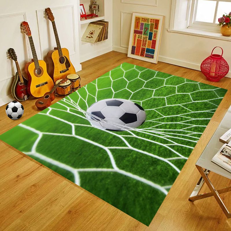 Green Living Room Rug Soccer Field Pattern Polyester Area Carpet Non-Slip Backing Area Rug