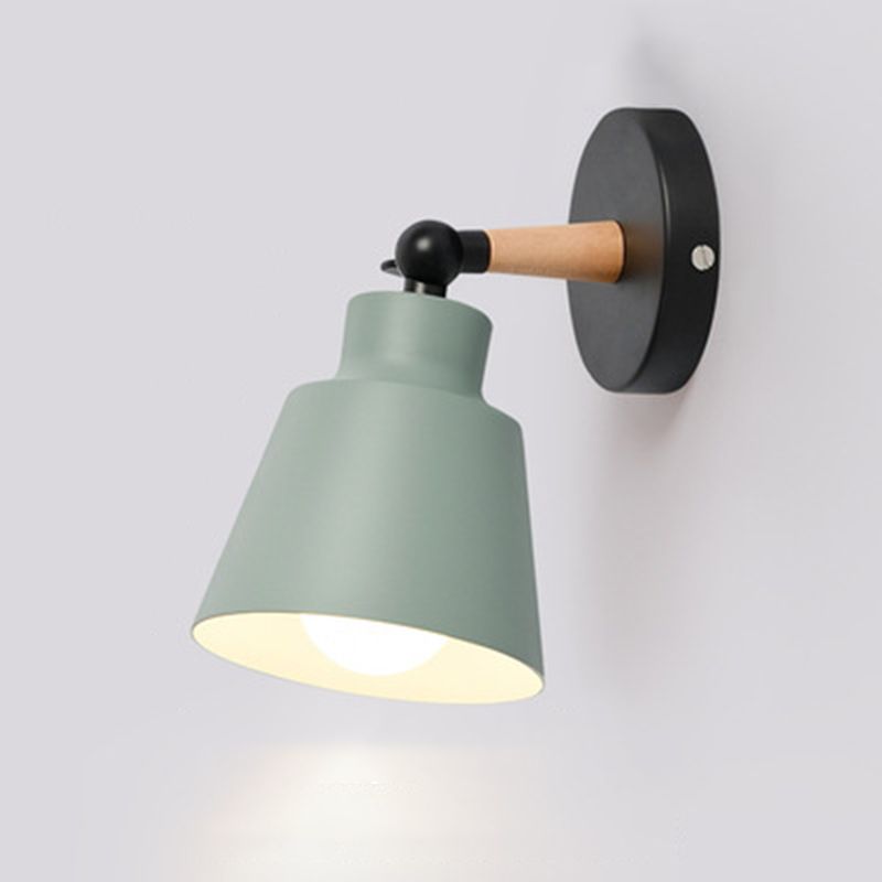 Nordic Macaroon Style Sconce Lights Conical Metal Shade Single Bulb Wooden Wall Mount Lamp for Bedroom