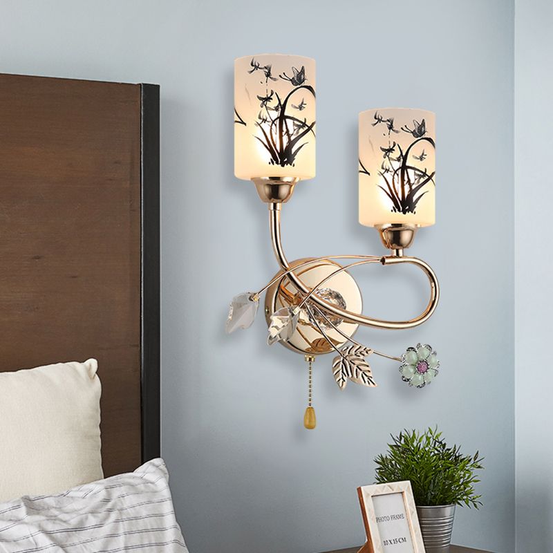 Modernisme Idée d'éclairage mural de la chaîne de traction 2-Bulb avec lampe murale de cylindre en or en verre peint