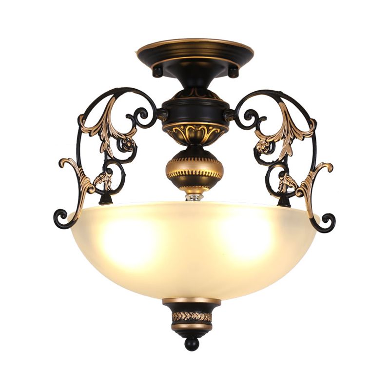 Open-Top Bowl Pathway Ceiling Lamp Antique Opal Glass 3-Light Black Semi Mount Lighting with Swirled Arm