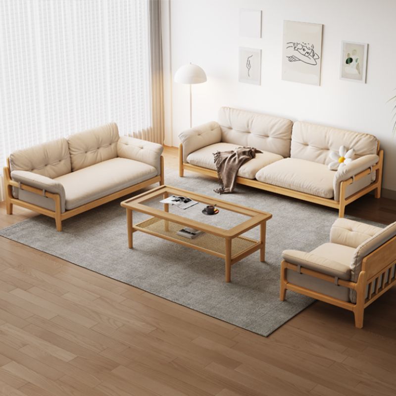 Solid Wood Tufted Settee Flared Arm Beige Cushions Sofa -39.4" H