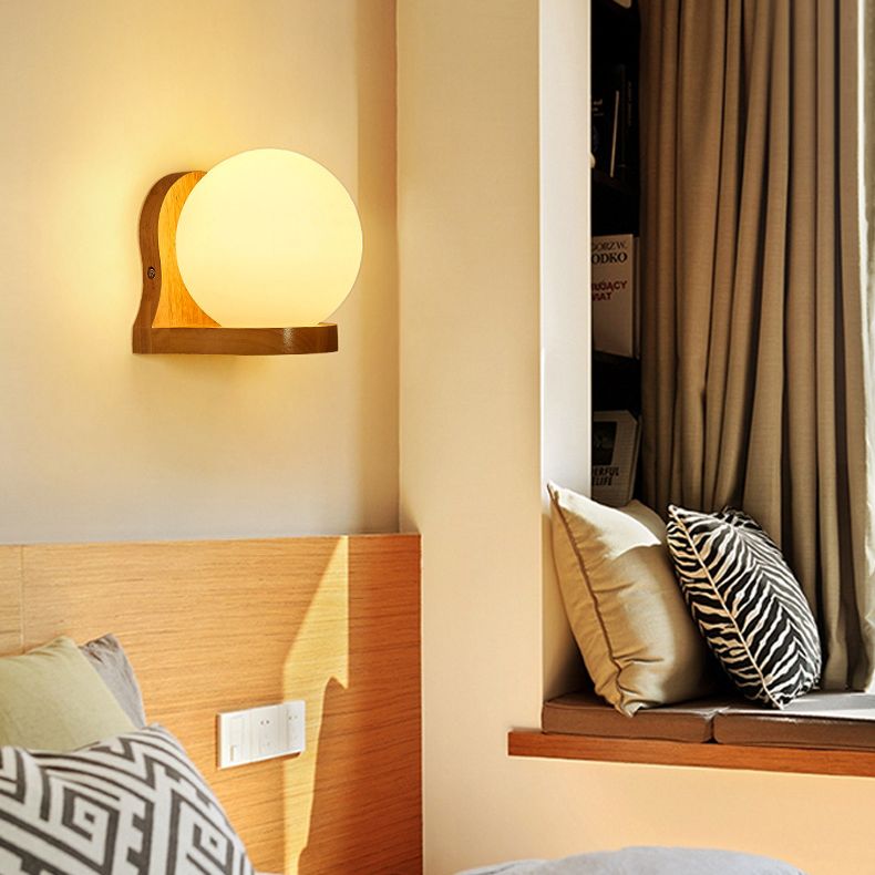 5.5" H Single Bulb Simplicity Wall Mount Light Nordic Style Glass Globe Sconce Light with Solid Wood Base