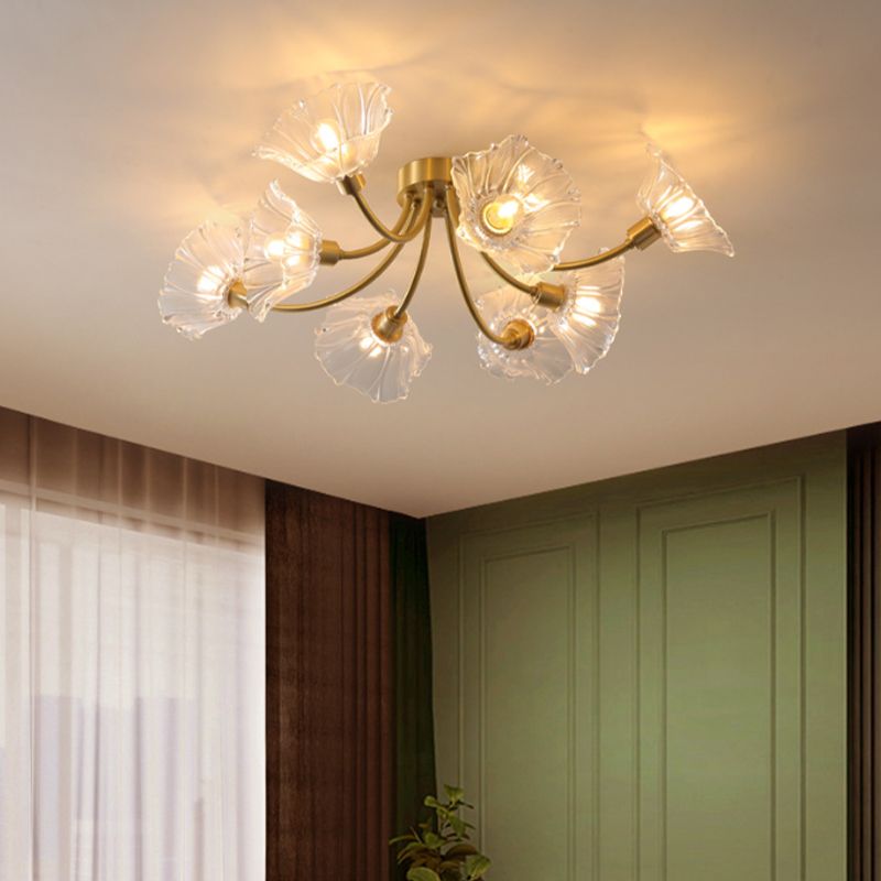 Flower Shape Glass Flush Mount Light Modern Multi Lights Ceiling Mount Light in Brass