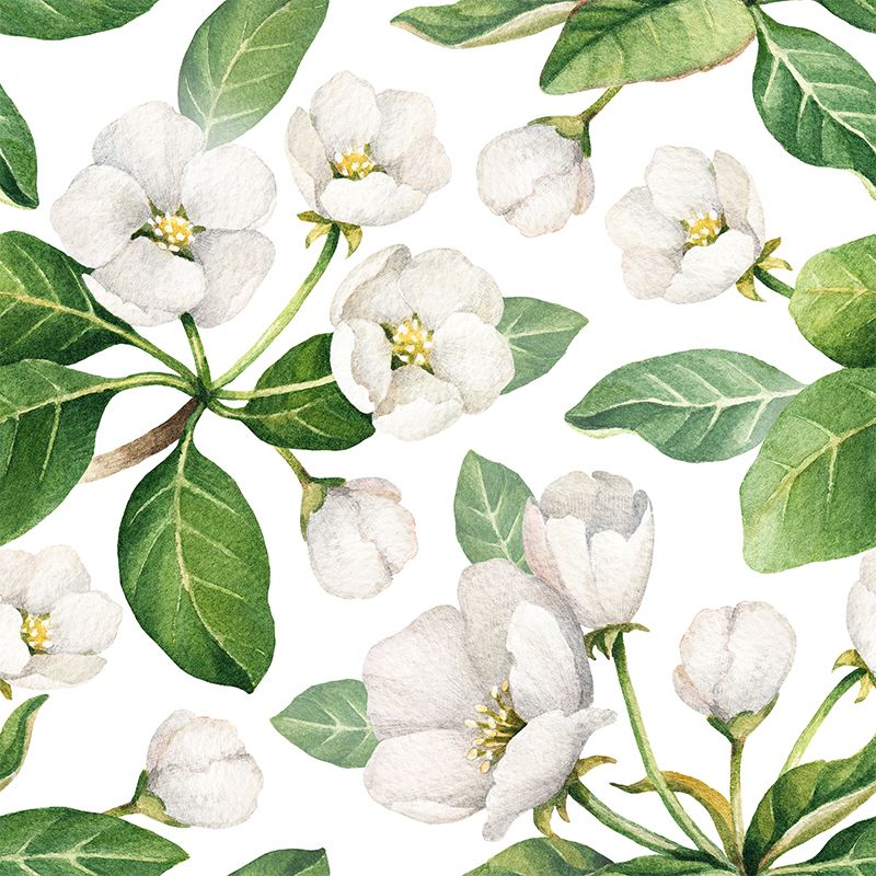 Tropical Blossom Mural Decal White Living Room Wall Covering, Custom Size Available