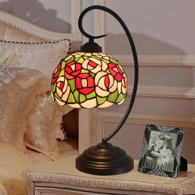 1-Light Bedroom Night Light Baroque Dark Coffee Flower Patterned Desk Lamp with Dome Stained Glass Shade