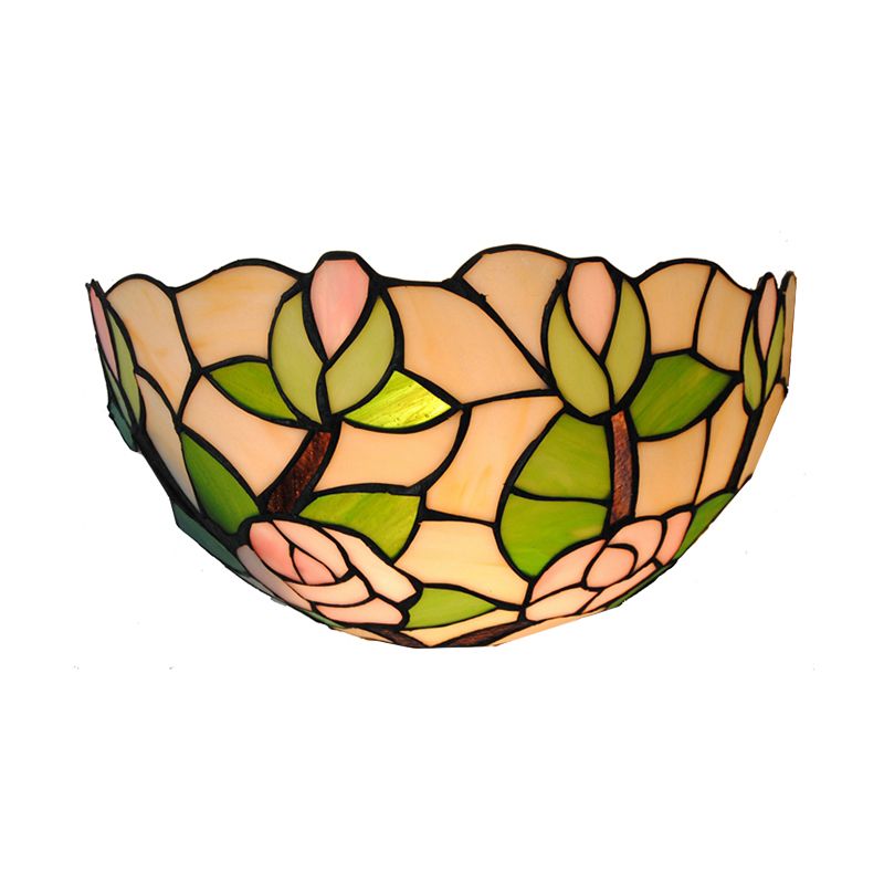 Green Bowl Wall Mount Light with Pink Rose Rustic 1 Head Stained Glass Mini Wall Lamp