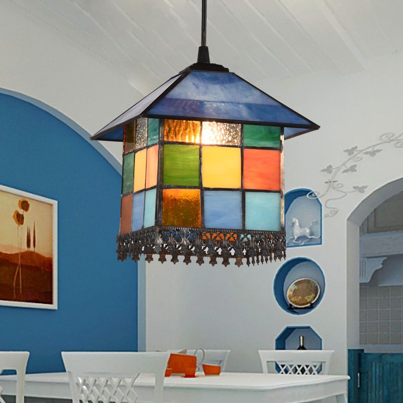 1-Licht-Suspensionsbeleuchtung Vintage Buntglas Haus Schatten Anhänger Deckenleuchte