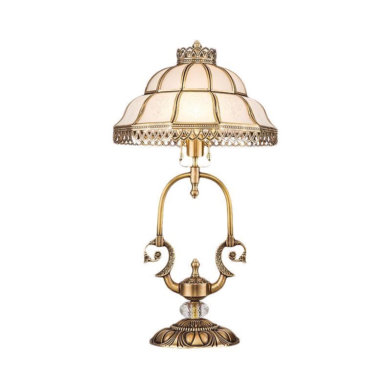 1/2-Light Dome/Bowl Night Lamp Traditional Gold Finish White Glass Nightstand Light with Peacock/Elliptical Frame Design