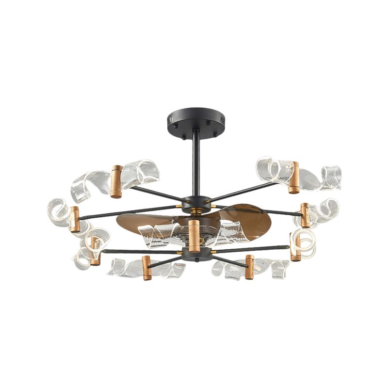 Acryl wervelende semi -flush light modernistische 10 lichten 39 "W hangende ventilatorlamp met 3 bruine messen in zwart