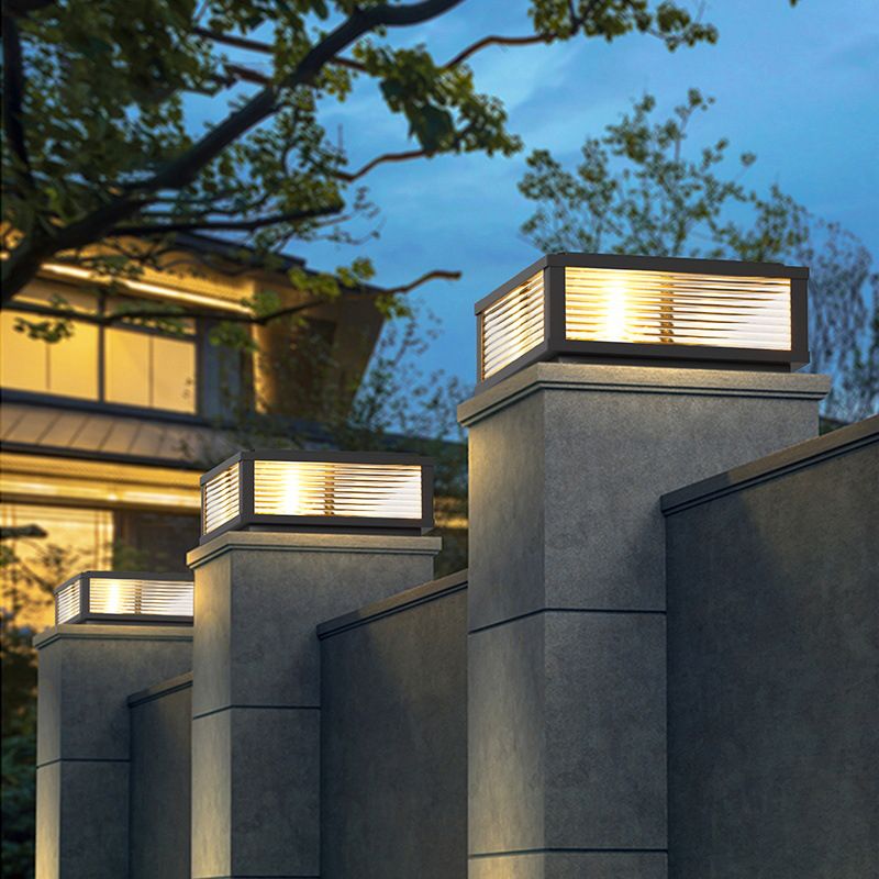 Metal Rectangle Shape Solar Pillar Lamp Modern 1 Light Outdoor Waterproof Light in Black