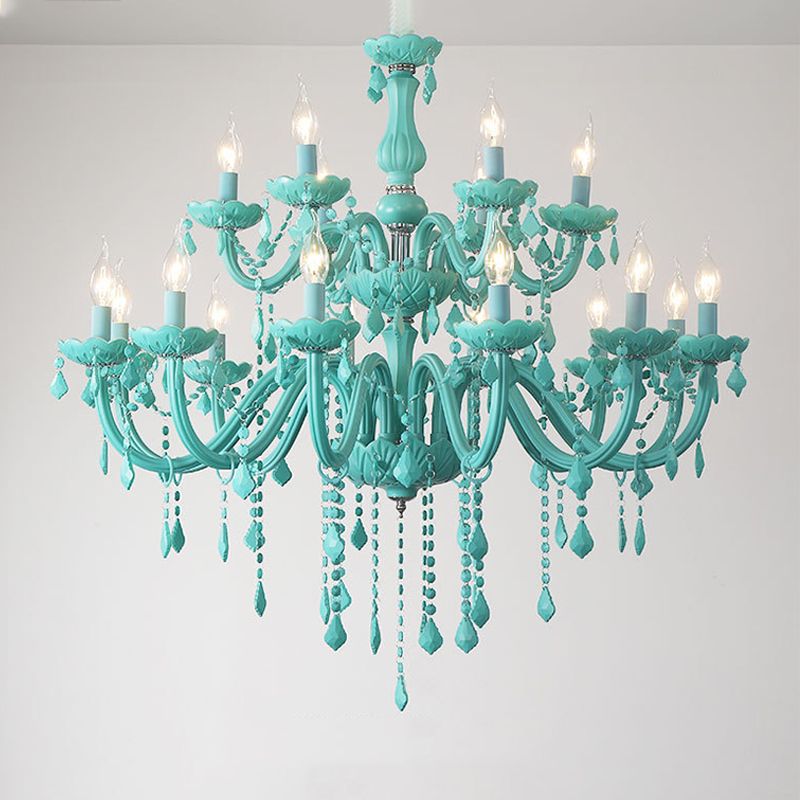 Multi Light Candle Branch Hanging Pendant Modern Style Crystal Hanging Lighting in Green