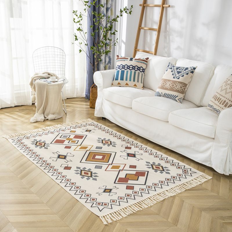 Mehrfarbiger, minimalistischer Teppich, Baumwolle, Tribal-Druck, Innenteppich, Fransenteppich für Wohnzimmer