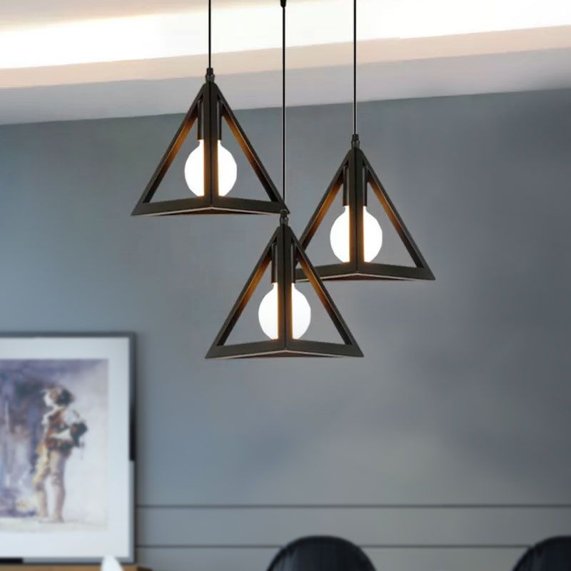3 Heads Hanging Lamp Retro Industrial Triangle Metallic Pendant Lighting with Wire Guard and Linear/Round Canopy in Black/White
