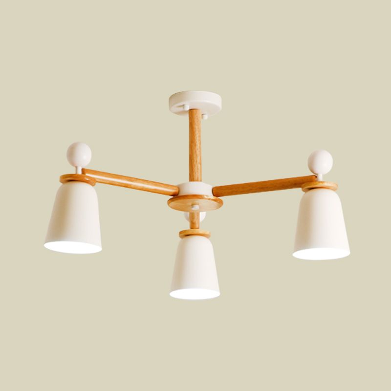 White Finish Bell Semi Flush Lighting Modernist 3/6 Lights Iron Ceiling Mounted Lamp with Wood Arm