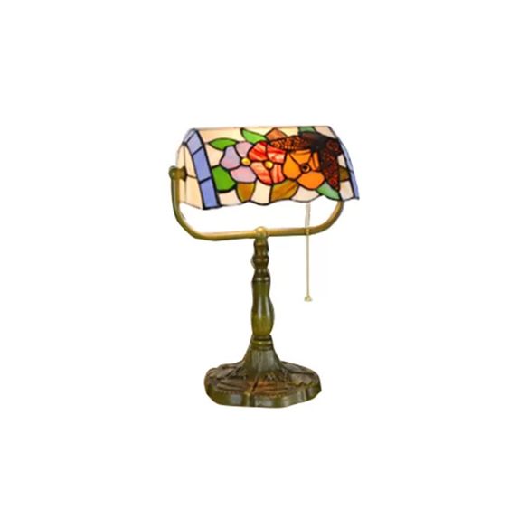 Blue/Orange 1 Light Table Lamp Tiffany Stylish Stainless Glass Rollover Shade Bankers Table Lamp with Pull Chain