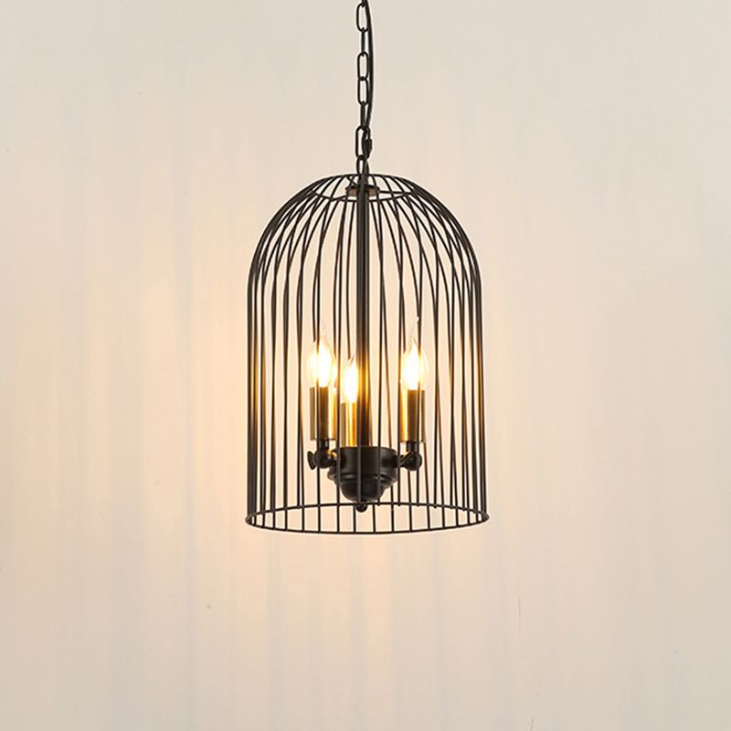 Birdcage Living Room Pendant Chandelier Traditional Metal 3 Lights Black Hanging Fixture with Candle Shade