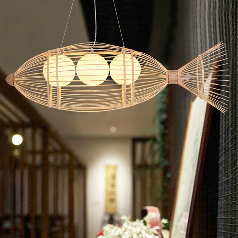 Fish-Shaped Bamboo Chandelier Lighting Minimalist Wood Pendant Light for Corridor