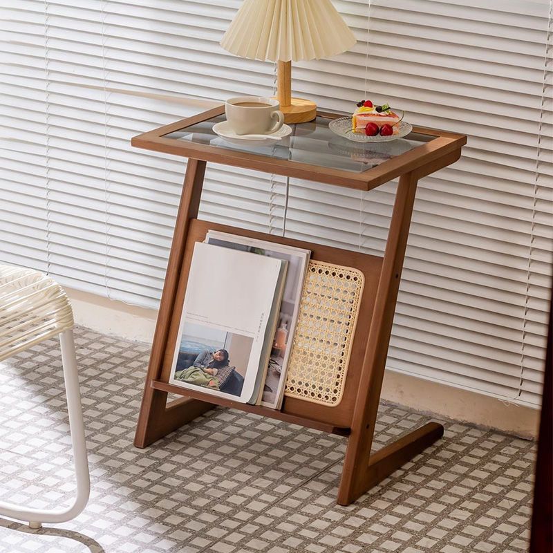 22.8" Tall Rectangular Glass Side Table Solid Wood Abstract End Table with Storage
