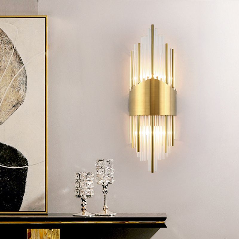 Fluted Crystal Flush Wall Sconce Postmodern Style 2-Bulb Gold Wall Lamp for Living Room